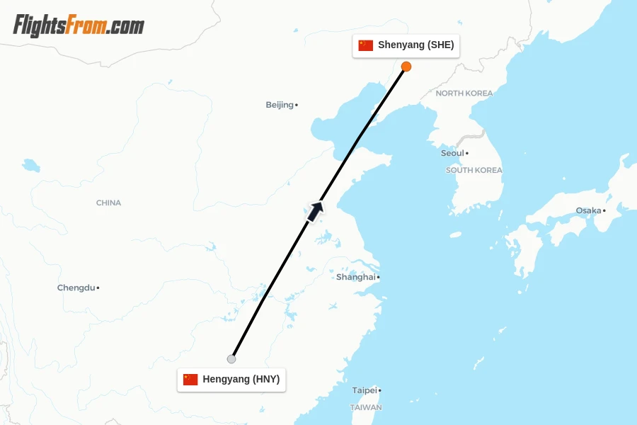Flights from Hengyang to Shenyang route map