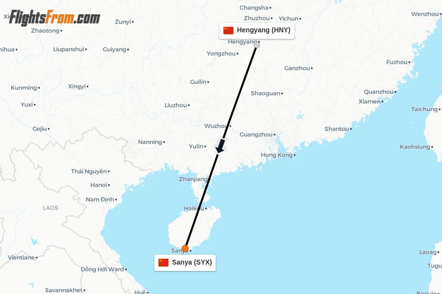 Flights from Hengyang to Sanya route map