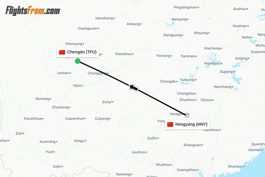 Flights from Hengyang to Chengdu route map