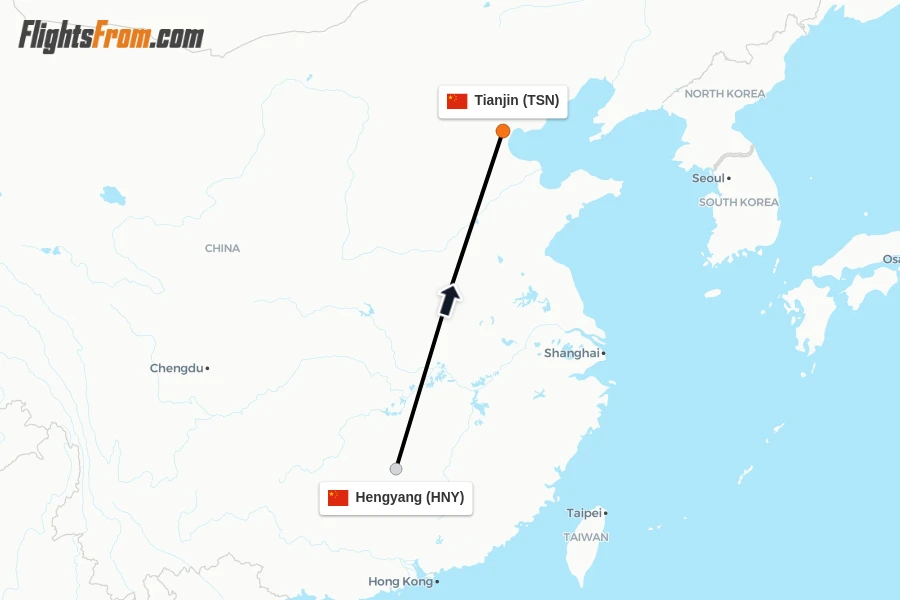 Flights from Hengyang to Tianjin route map