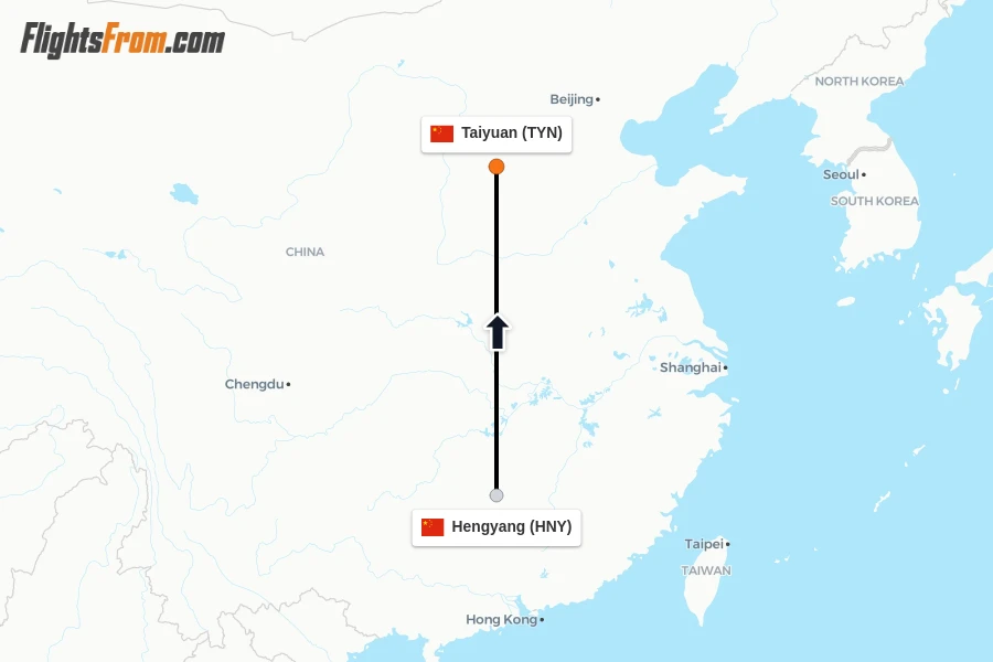 Flights from Hengyang to Taiyuan route map