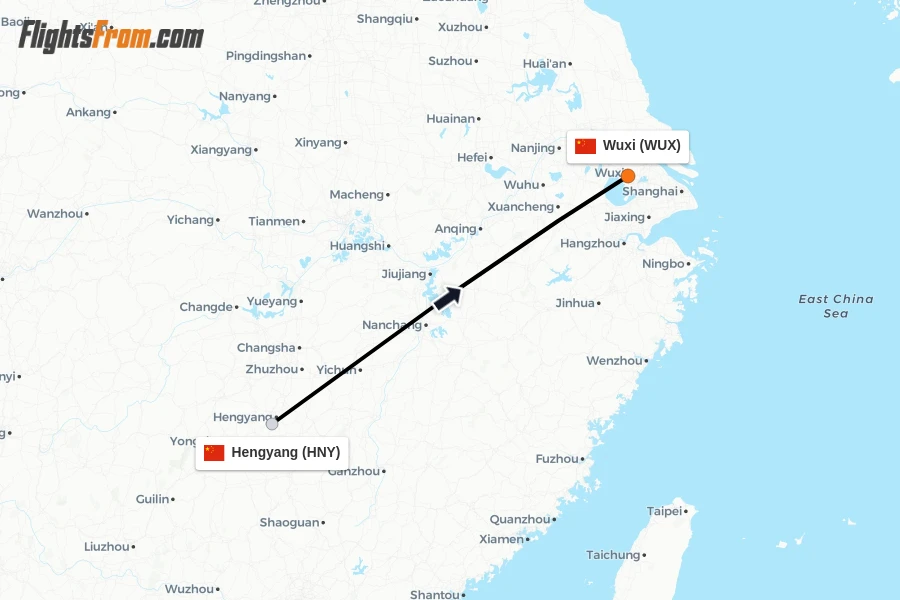 Flights from Hengyang to Wuxi route map