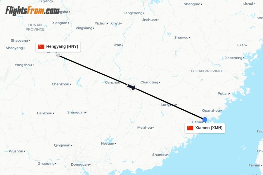 Flights from Hengyang to Xiamen route map