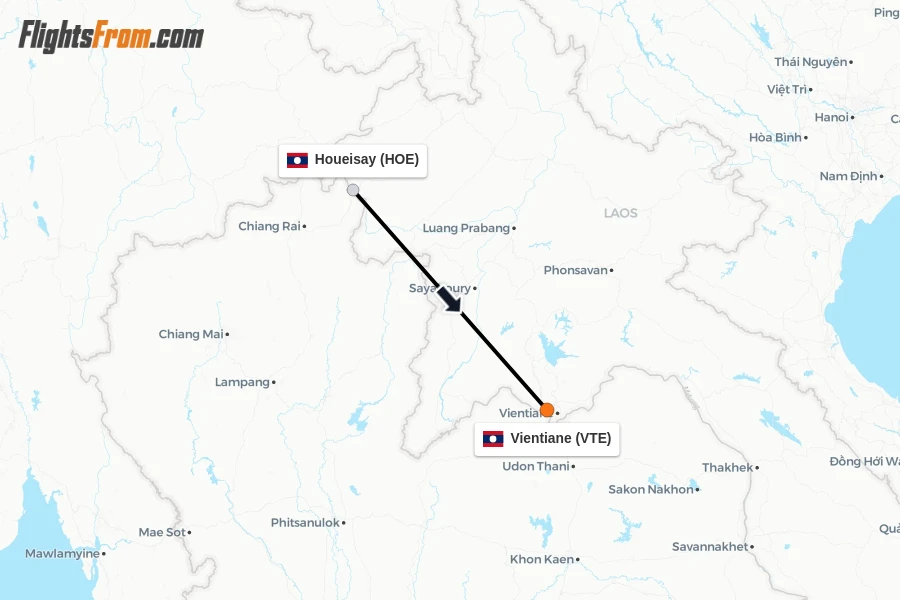 Flights from Houeisay to Vientiane route map