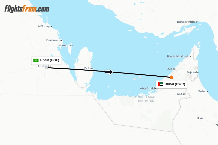 Flights from Hofuf to Dubai route map