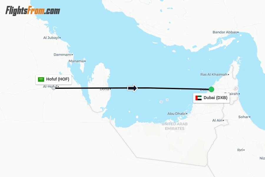 Flights from Hofuf to Dubai route map