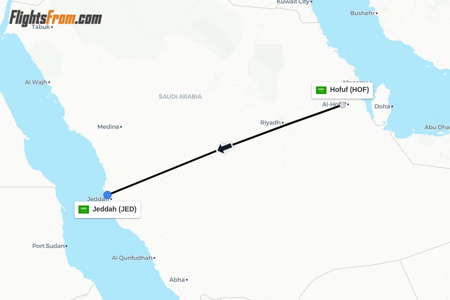 Flights from Hofuf to Jeddah route map