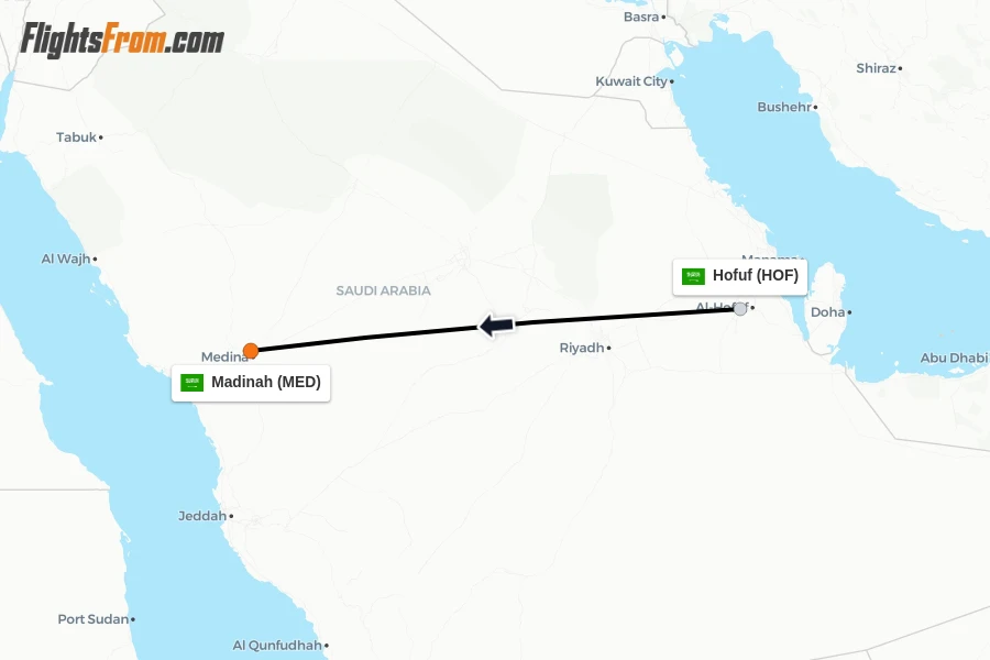 Flights from Hofuf to Madinah route map