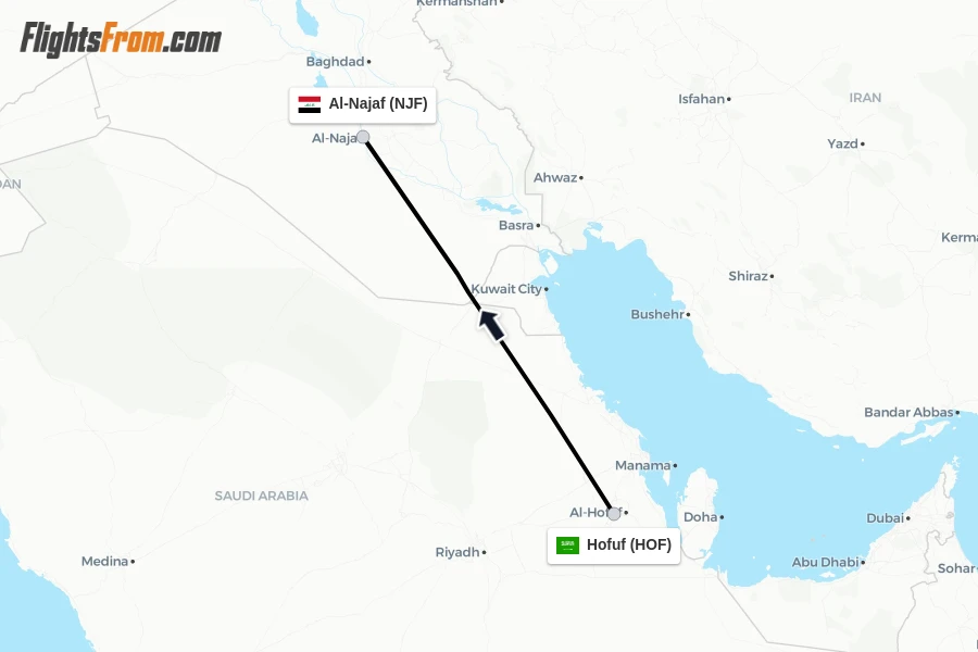 Flights from Hofuf to Al-Najaf route map