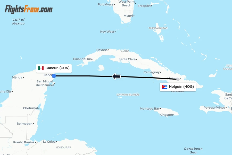 Flights from Holguin to Cancun route map