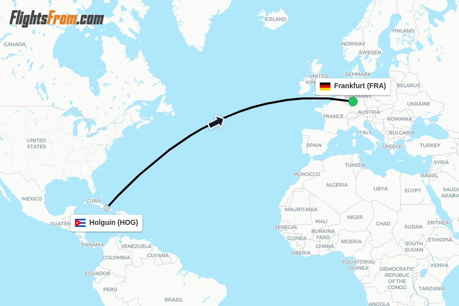 Flights from Holguin to Frankfurt route map