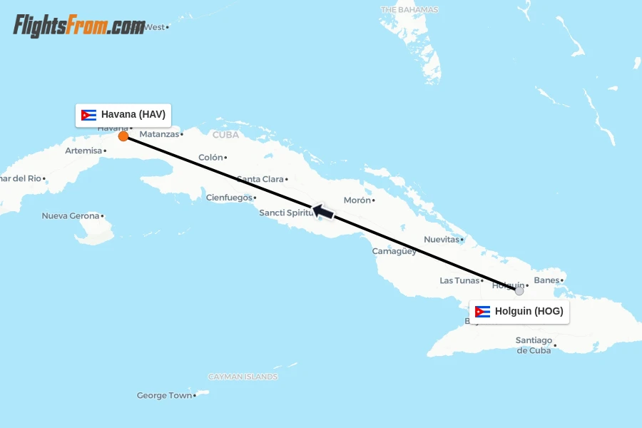 Flights from Holguin to Havana route map