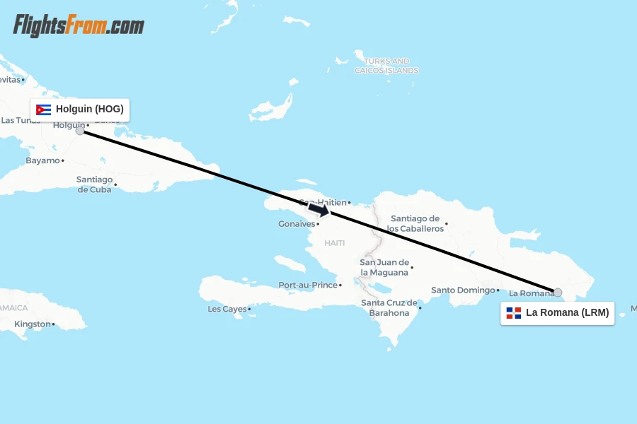 Flights from Holguin to La Romana route map
