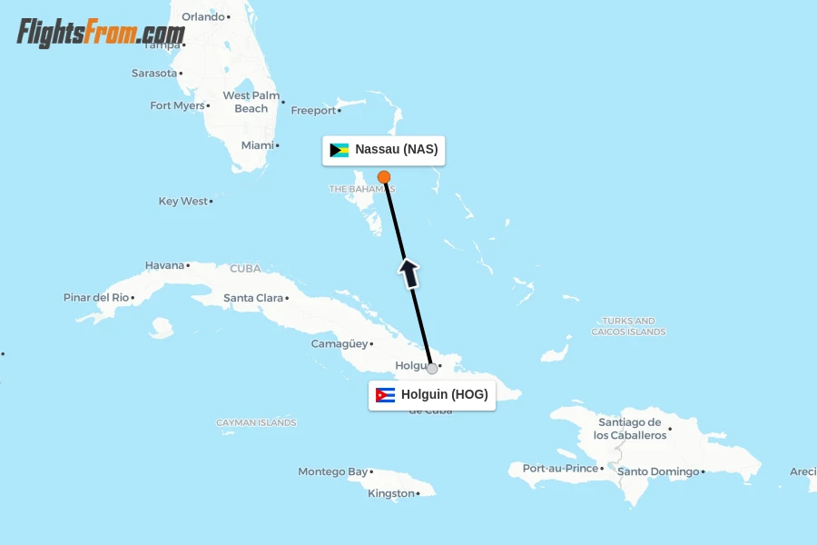 Flights from Holguin to Nassau route map