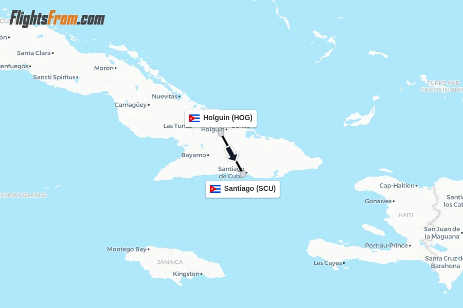 Flights from Holguin to Santiago route map