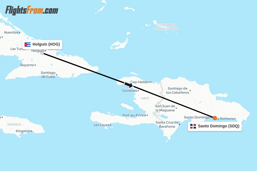 Flights from Holguin to Santo Domingo route map