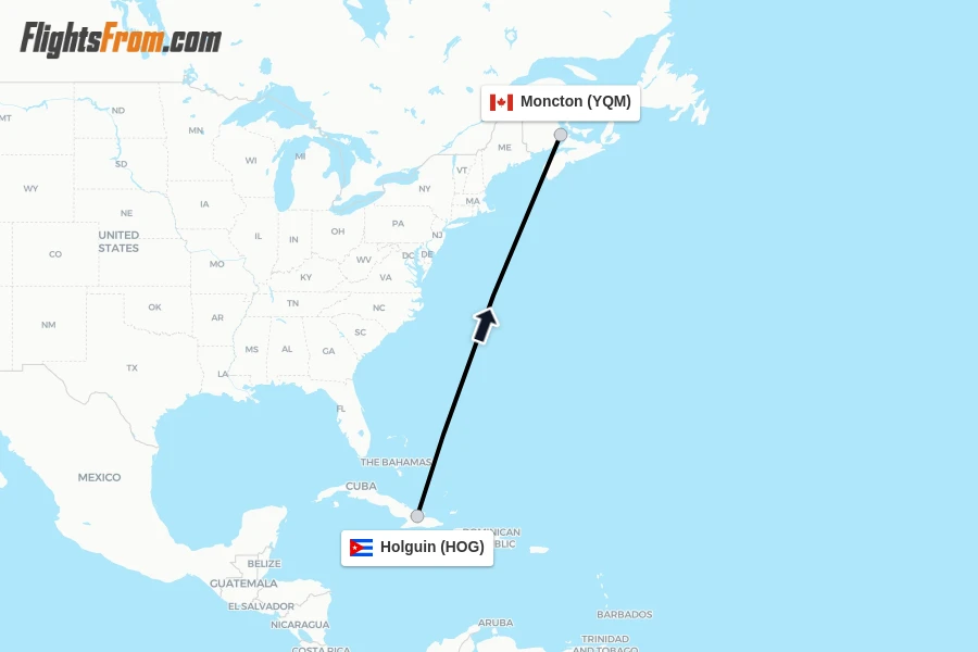 Flights from Holguin to Moncton route map