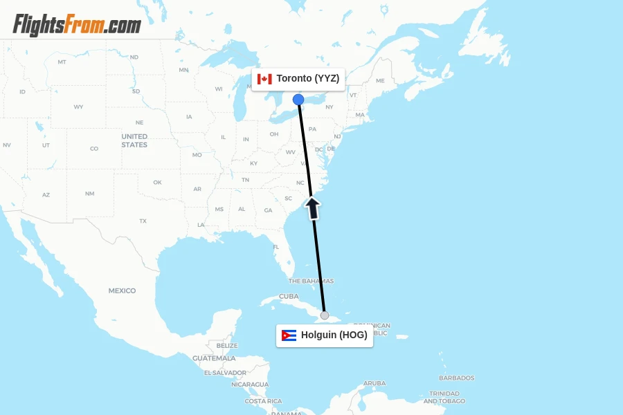 Flights from Holguin to Toronto route map