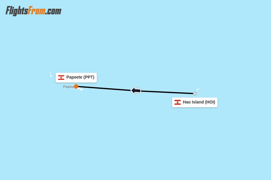 Flights from Hao Island to Papeete route map