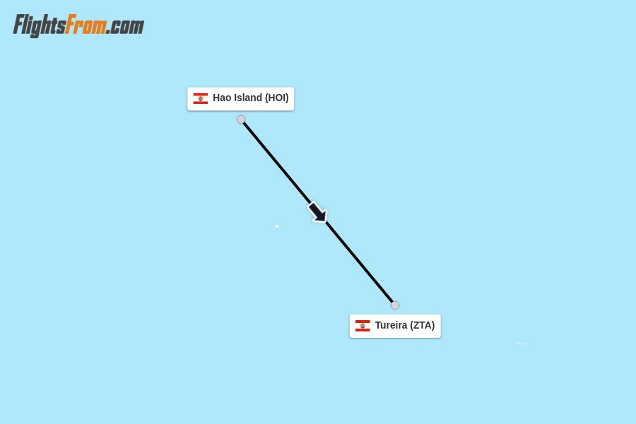 Flights from Hao Island to Tureira route map