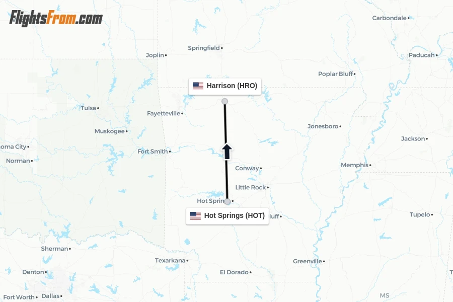 Flights from Hot Springs to Harrison route map