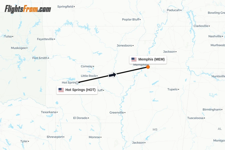 Flights from Hot Springs to Memphis route map