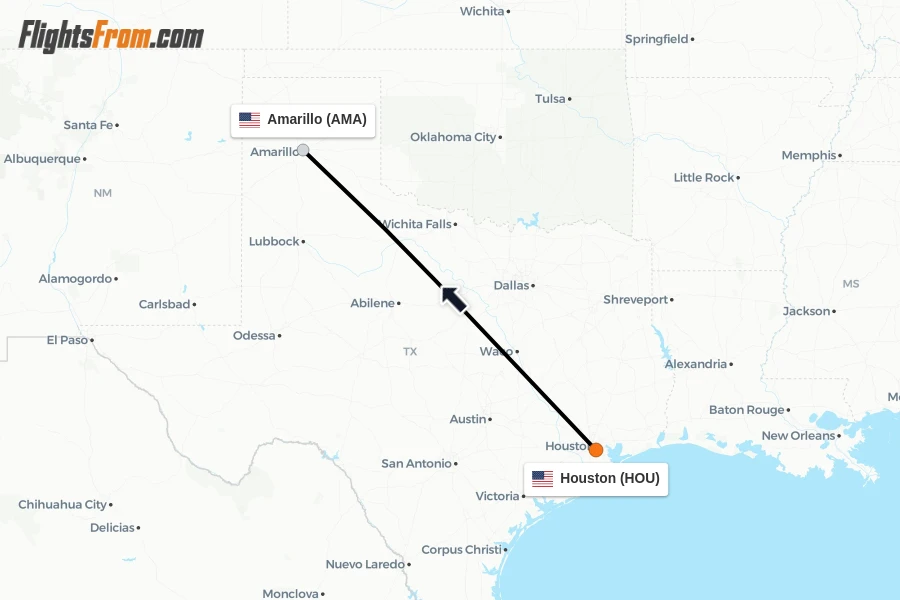 Flights from Houston to Amarillo route map