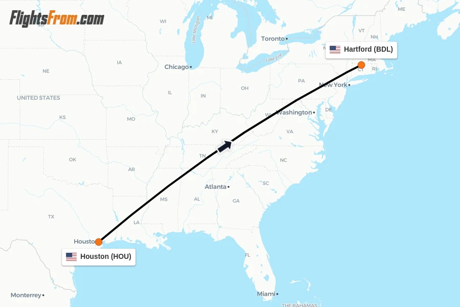 Flights from Houston to Hartford route map