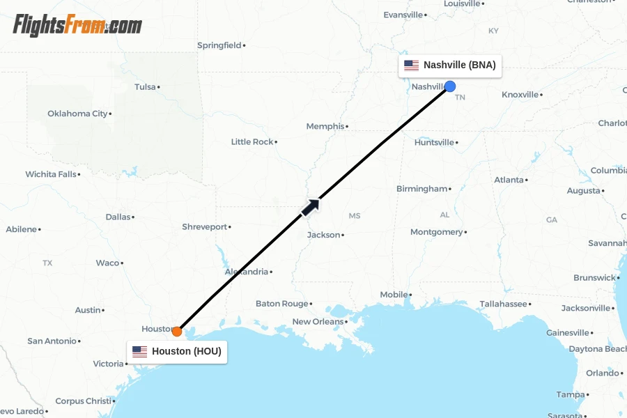 Flights from Houston to Nashville route map