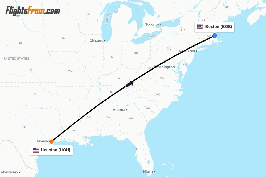 Flights from Houston to Boston route map