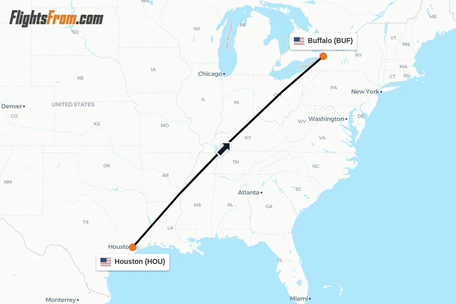 Flights from Houston to Buffalo route map