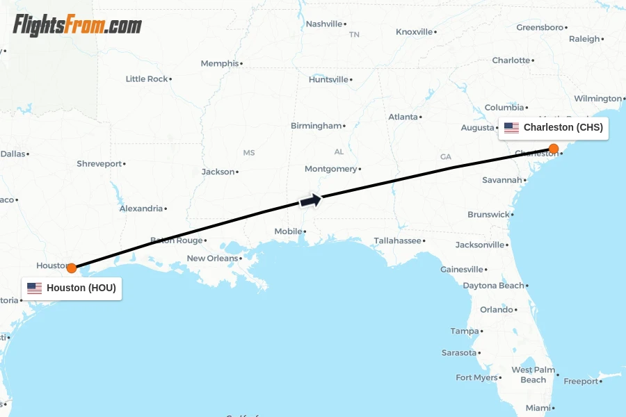 Flights from Houston to Charleston route map