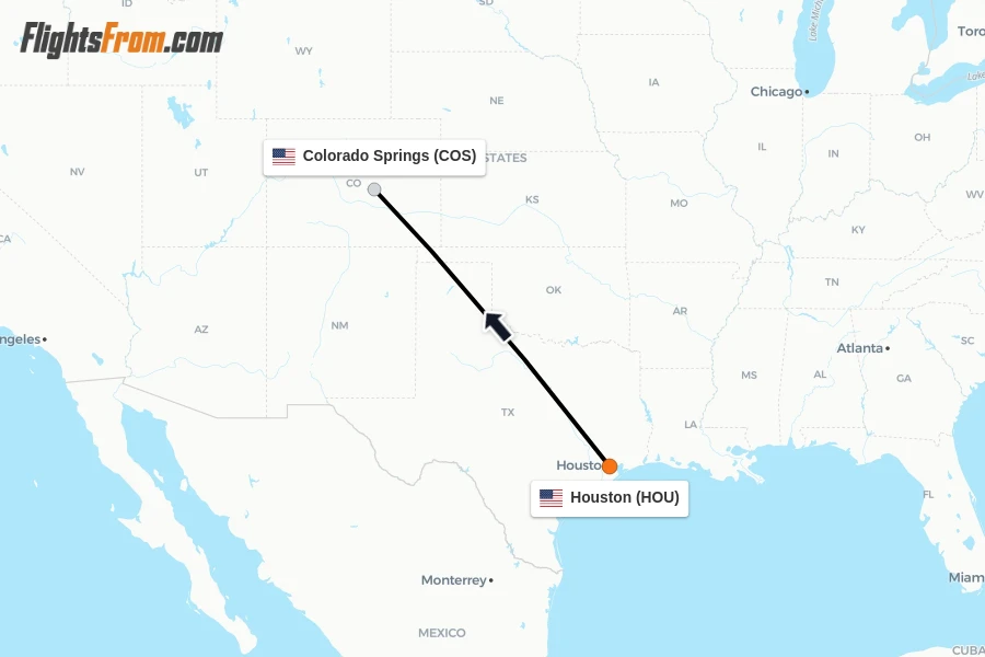 Flights from Houston to Colorado Springs route map