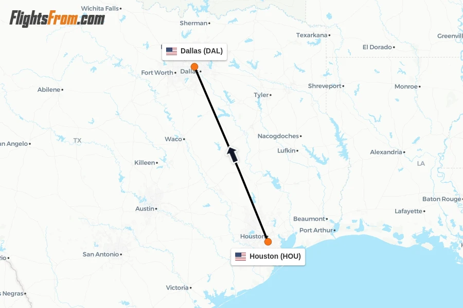Flights from Houston to Dallas route map