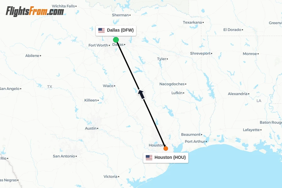 Flights from Houston to Dallas route map
