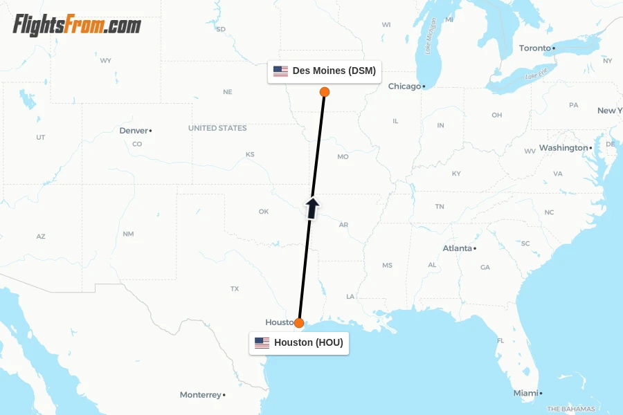 Flights from Houston to Des Moines route map