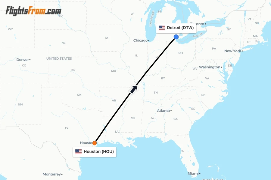 Flights from Houston to Detroit route map
