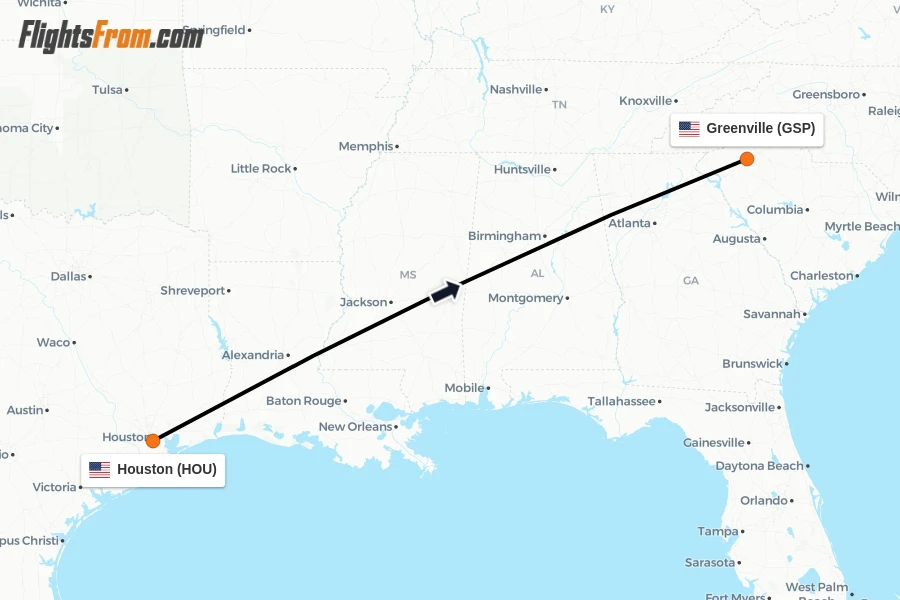 Flights from Houston to Greenville route map