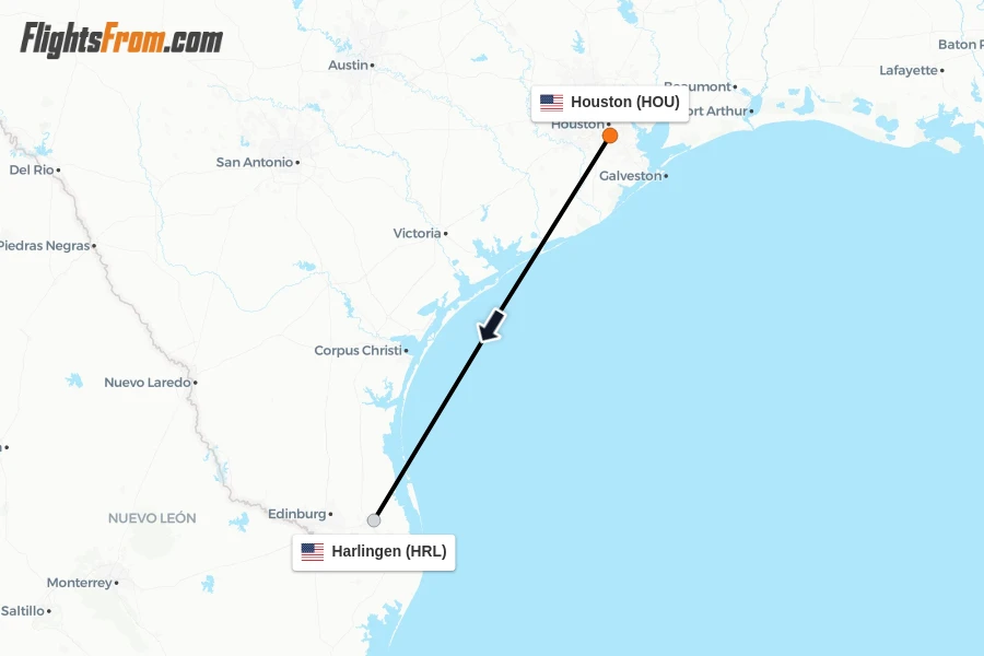 Flights from Houston to Harlingen route map