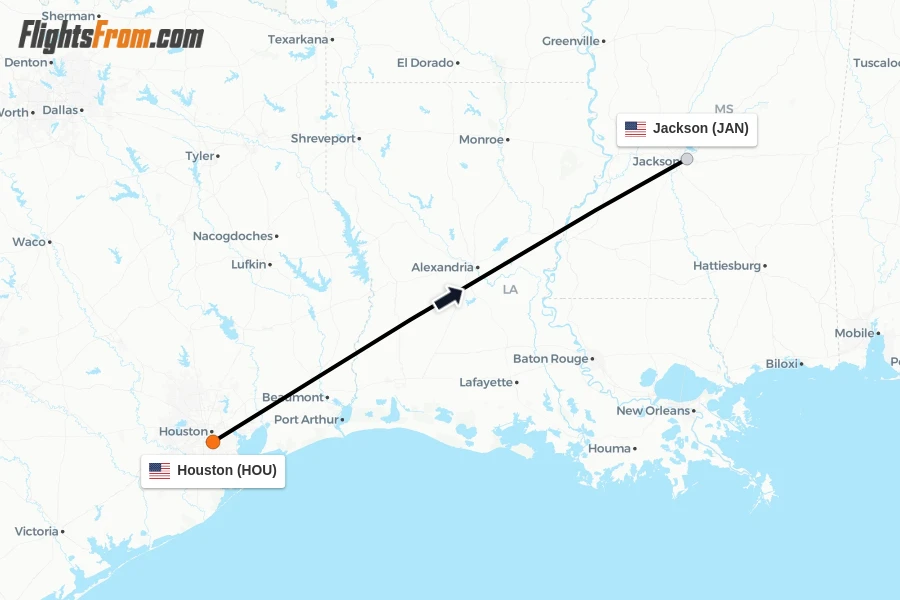 Flights from Houston to Jackson route map