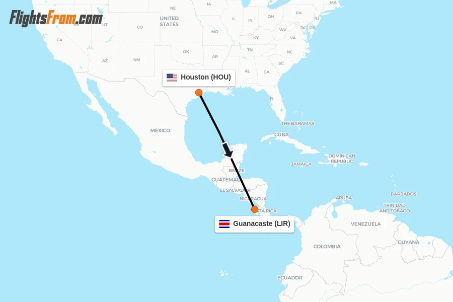 Flights from Houston to Guanacaste route map