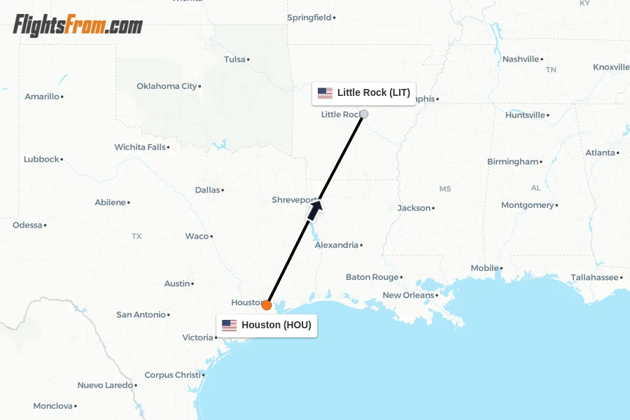 Flights from Houston to Little Rock route map