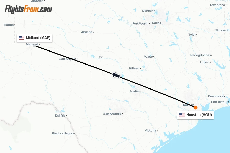 Flights from Houston to Midland route map