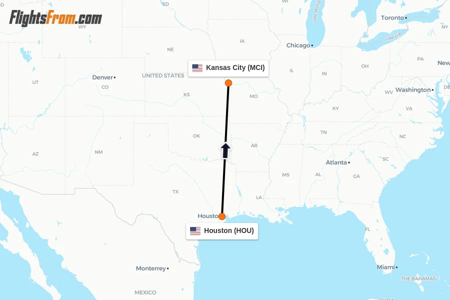 Flights from Houston to Kansas City route map