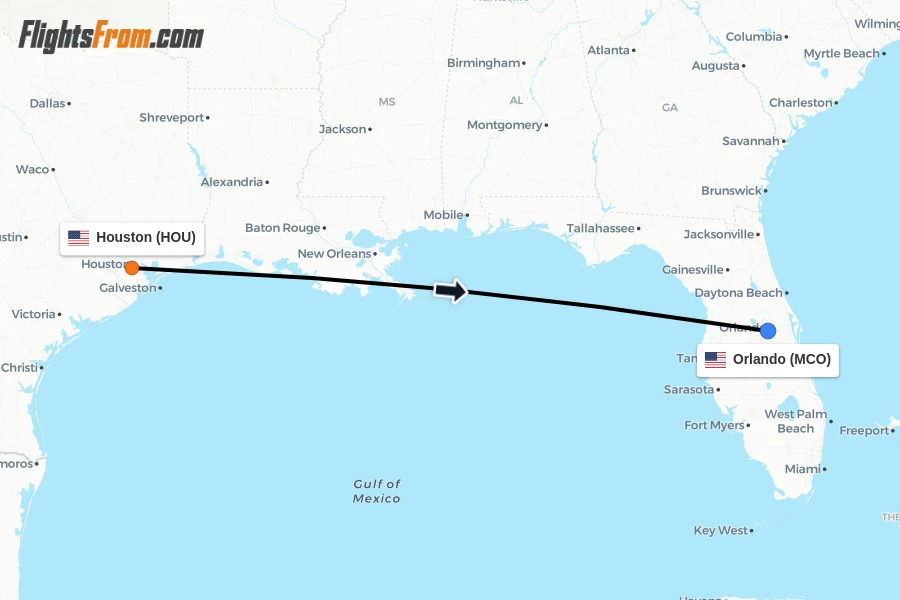 Flights from Houston to Orlando route map