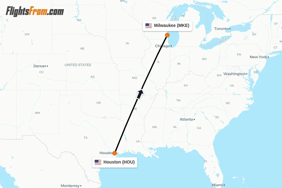 Flights from Houston to Milwaukee route map