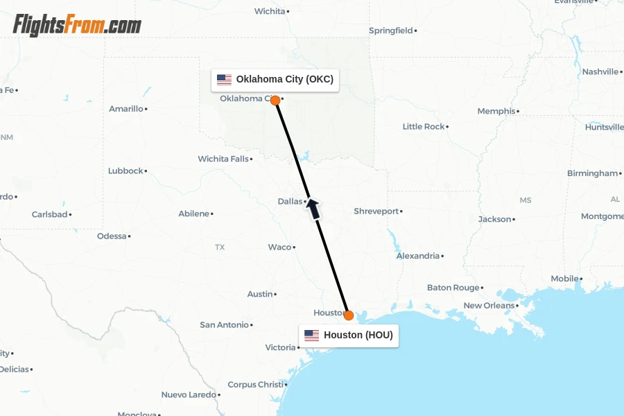 Flights from Houston to Oklahoma City route map