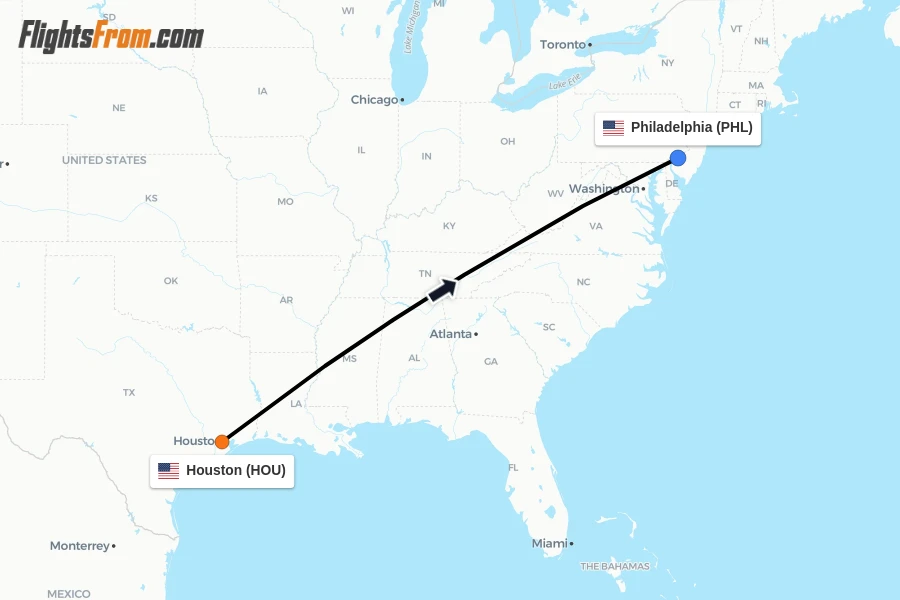 Flights from Houston to Philadelphia route map