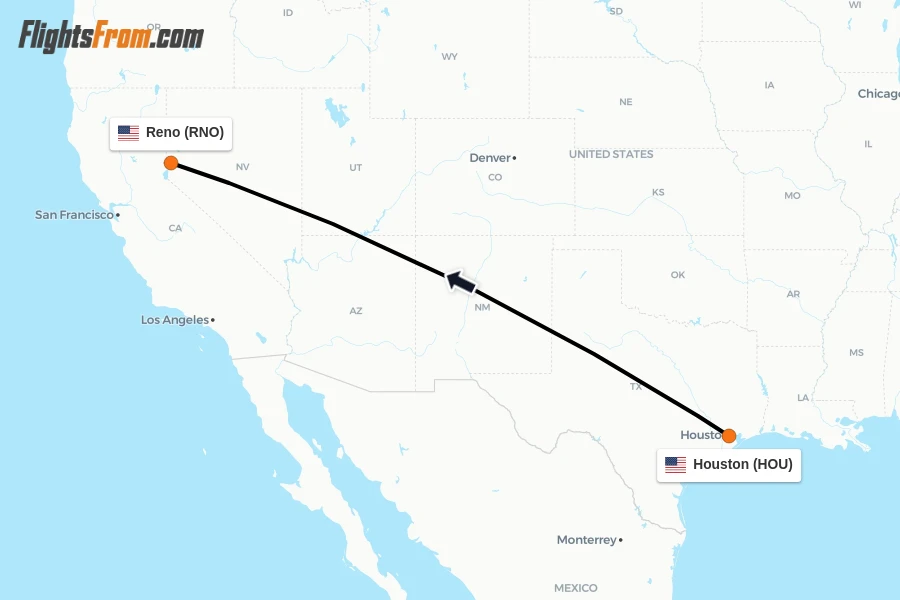 Flights from Houston to Reno route map