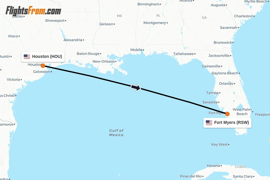 Flights from Houston to Fort Myers route map